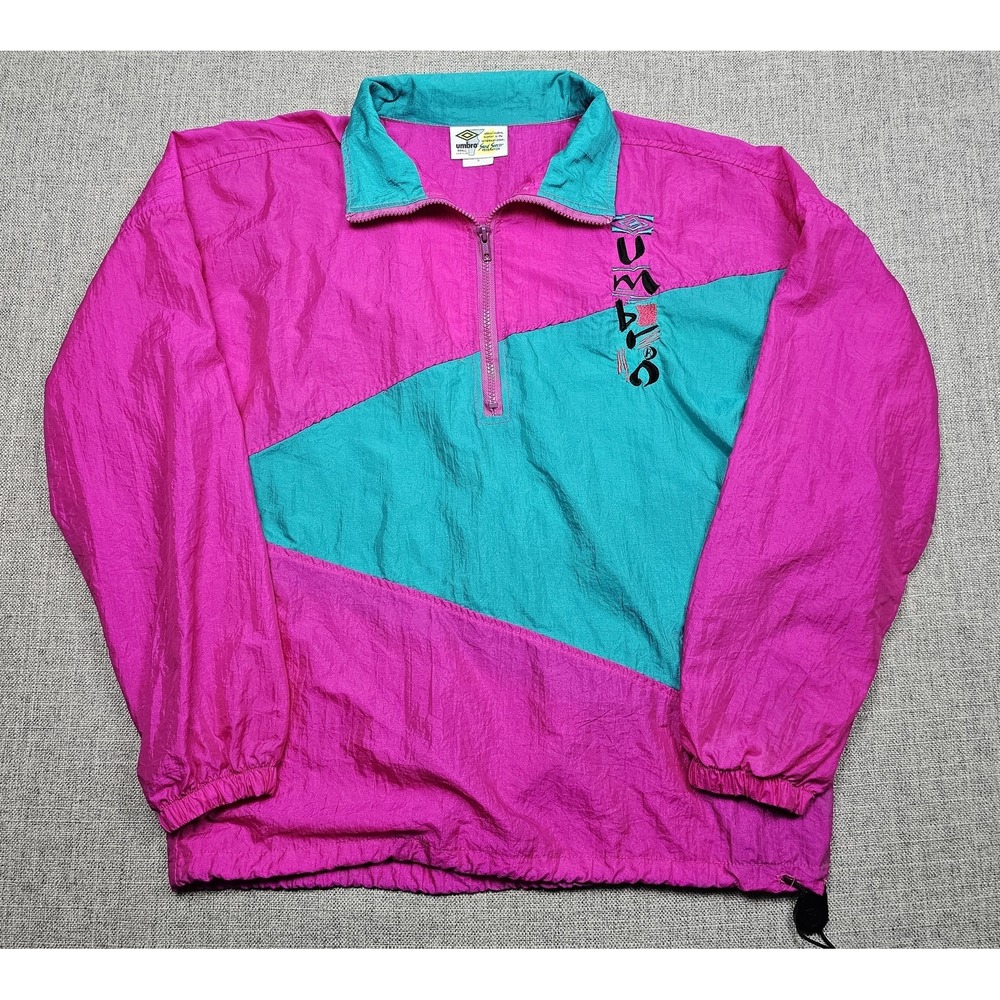 VTG Umbro Jacket Mens Small Pink Teal Colorblock 1/2 Zip Sand Soccer Windbreaker